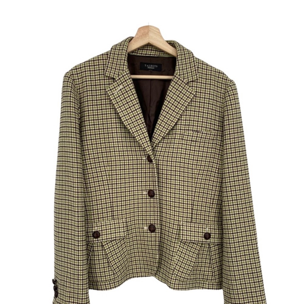 TALBOTS Houndstooth Brown Green wool viscose blazer jacket Excellent CLASSIC - Picture 10 of 10